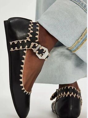 Free People mystic Black Flats with Cream Whipstitch Trim and Silver Buckle
